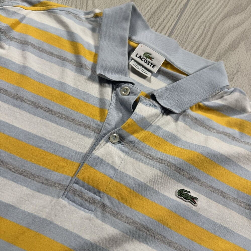 Lacoste Golf Polo Men’s 7 (fits Large) Blue Yellow Striped Logo Soft Preppy